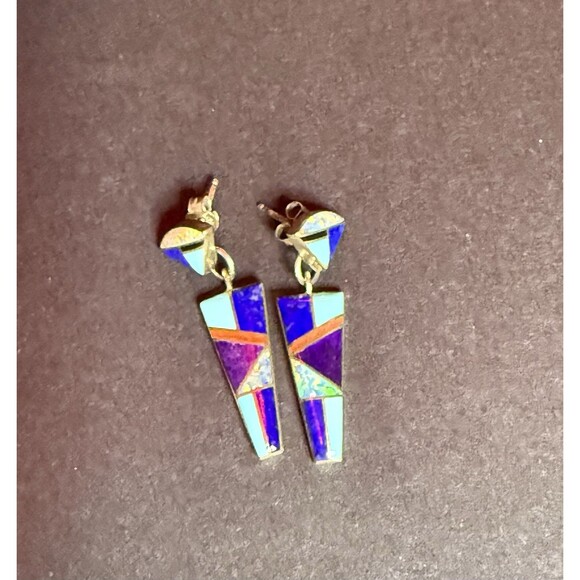 Vintage Sterling Native American Inlay Geometric Dangle Earrings Signed PP - Picture 4 of 6